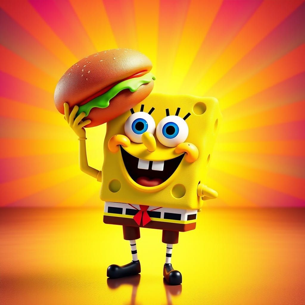 SpongeBob Holds Up a Gigantic Krabby Patty in a Vibrant, Dre...