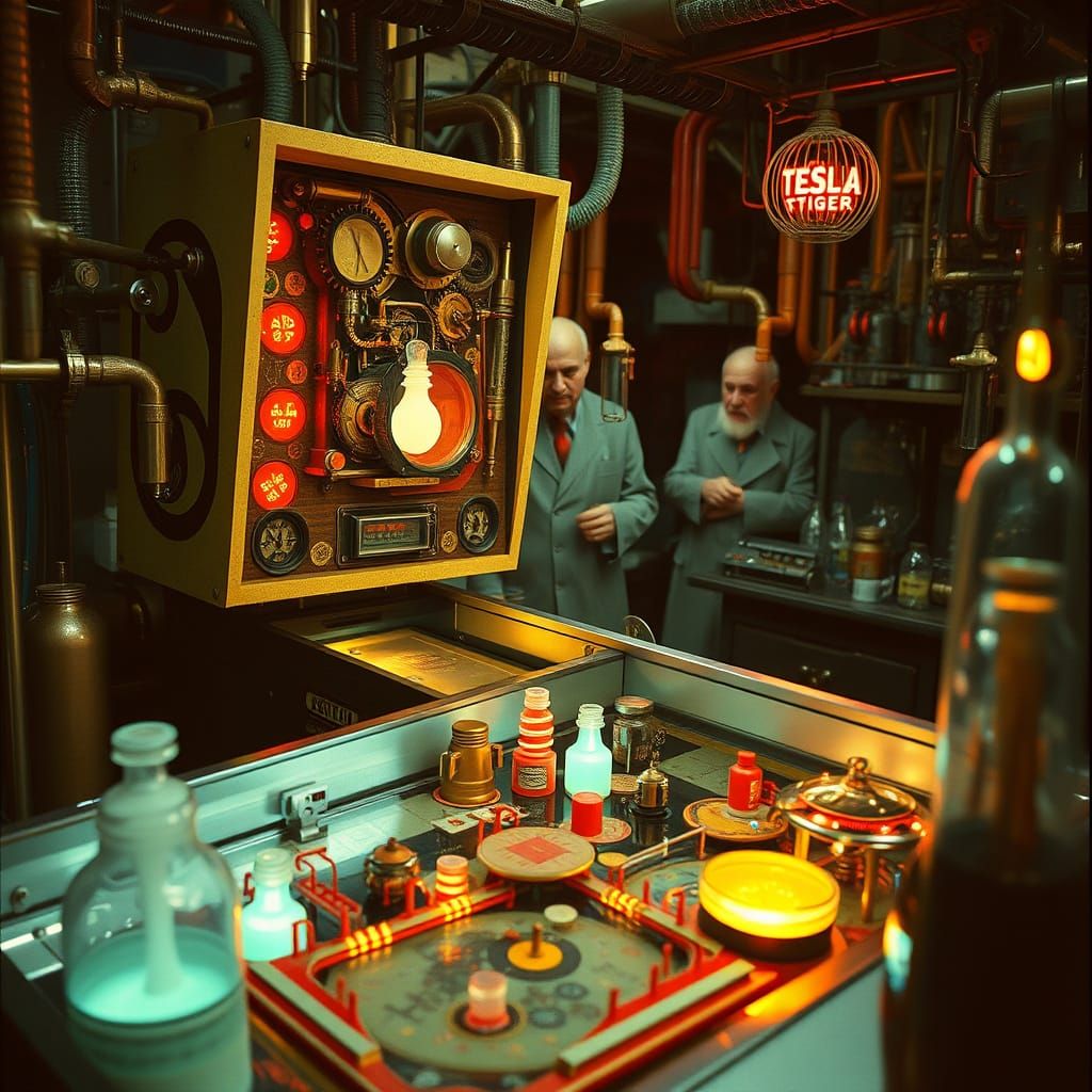 A whimsical pinball machine with a steampunk laboratory theme, featuring intricate gears, bubbling potions, and Tesla co...