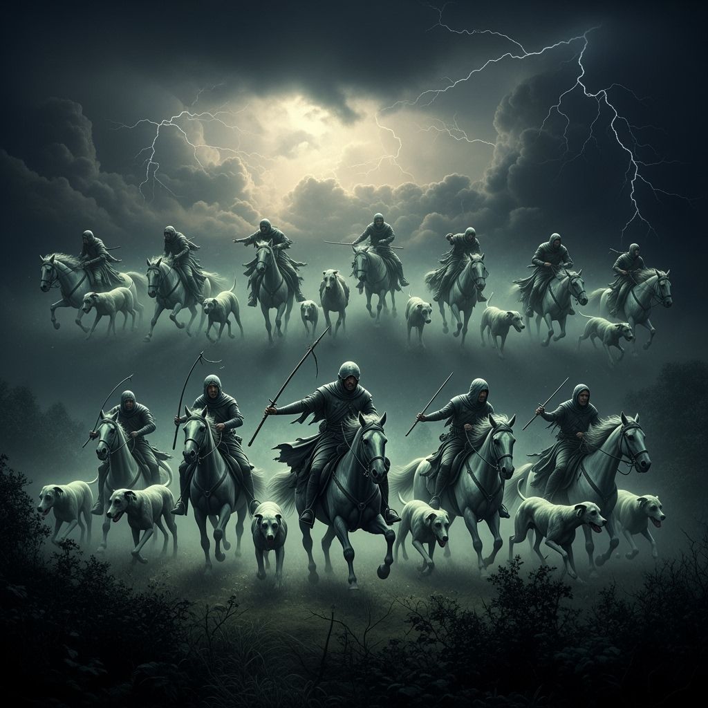 Ghostly Medieval Hunters Ride Through Stormy Sky