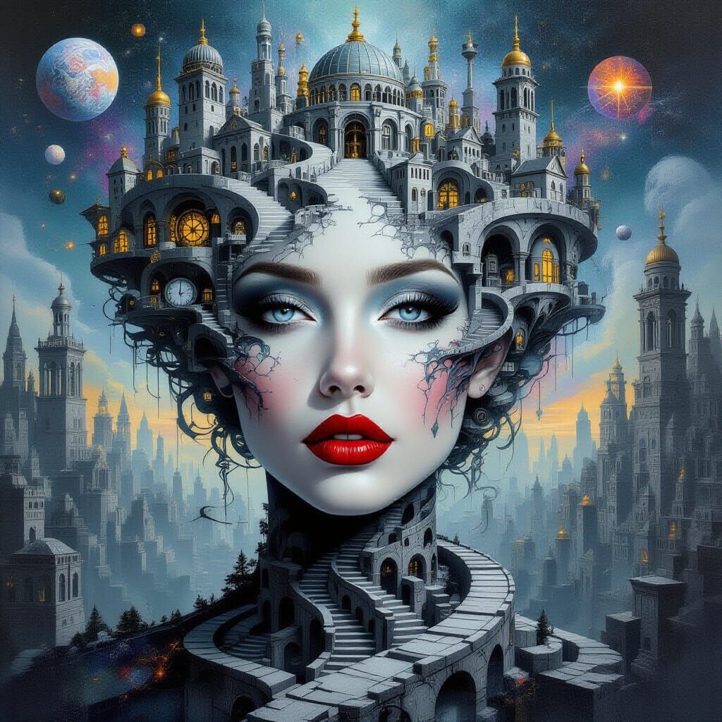 Surreal Woman Merging with Labyrinth Cityscape