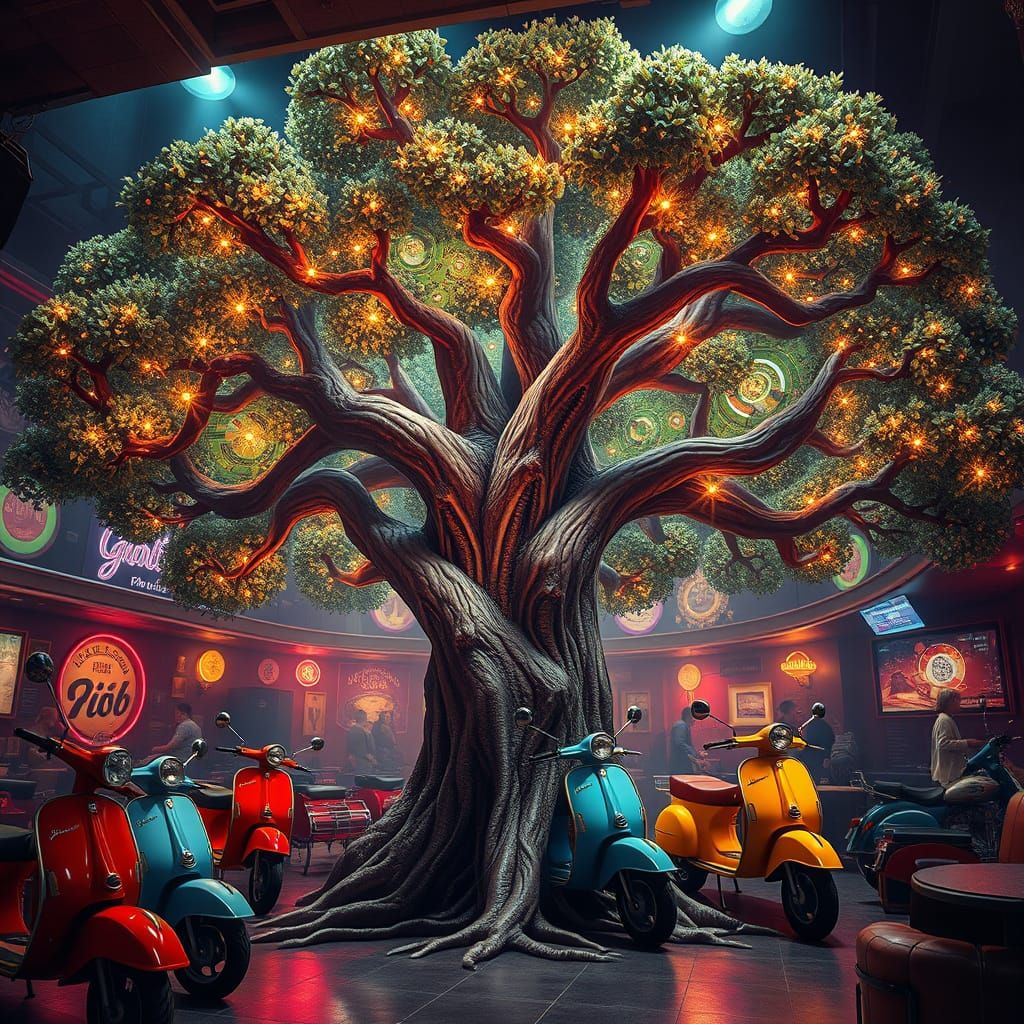 picture a towering oak tree in the heart of a bustling mod club, its branches adorned with glowing circuit boards that e...
