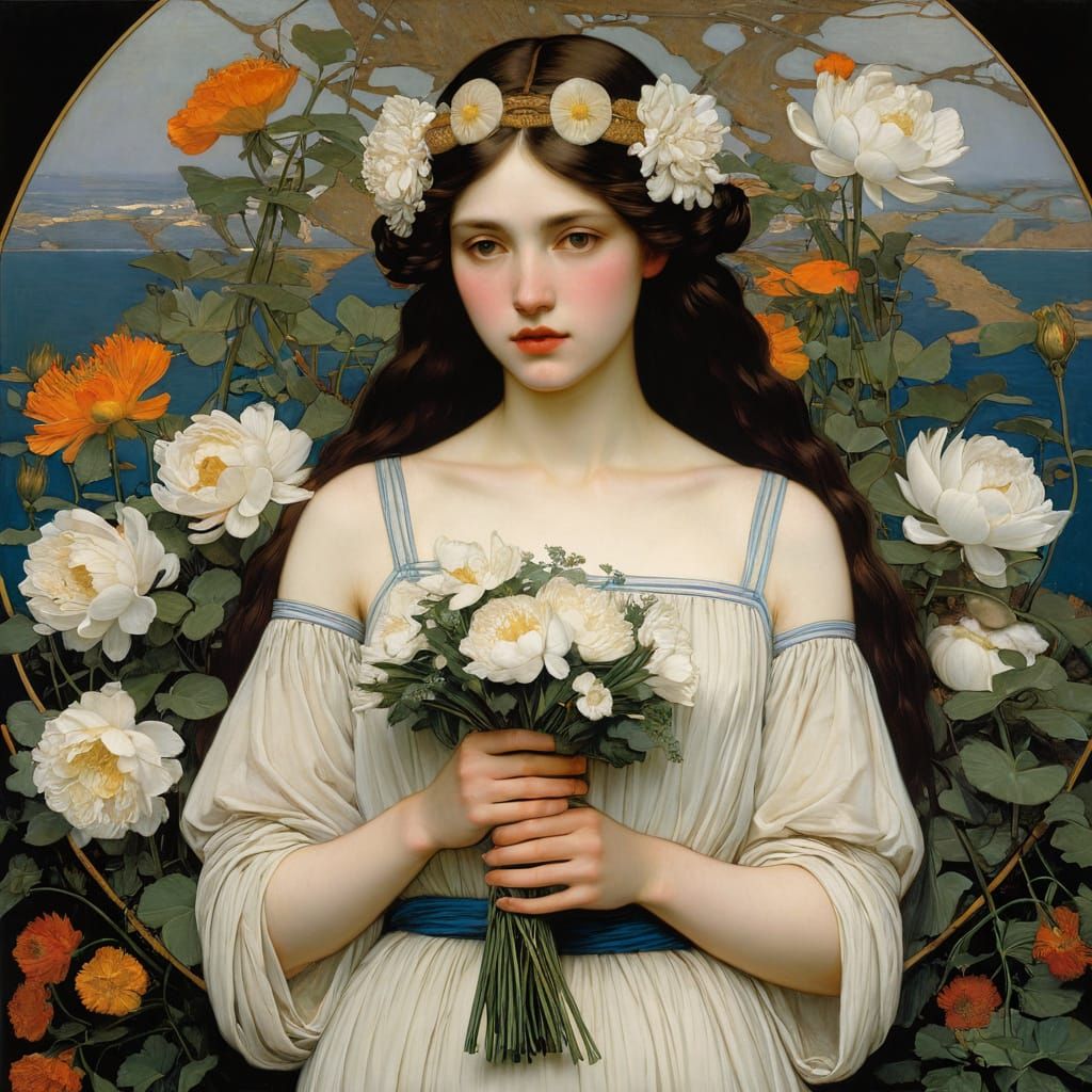 Ethereal Flower Girl in Art Nouveau Style