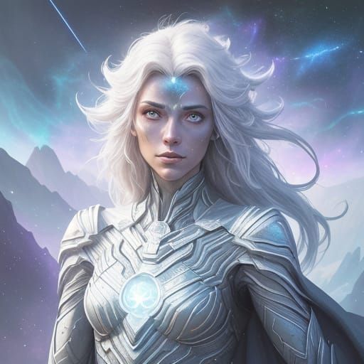 Cosmic Hero with Ancient Gaze in Starlight and Shadows