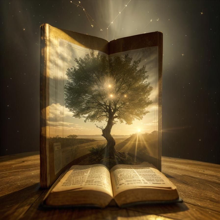 Surreal Tree Grows from Book in Double Exposure