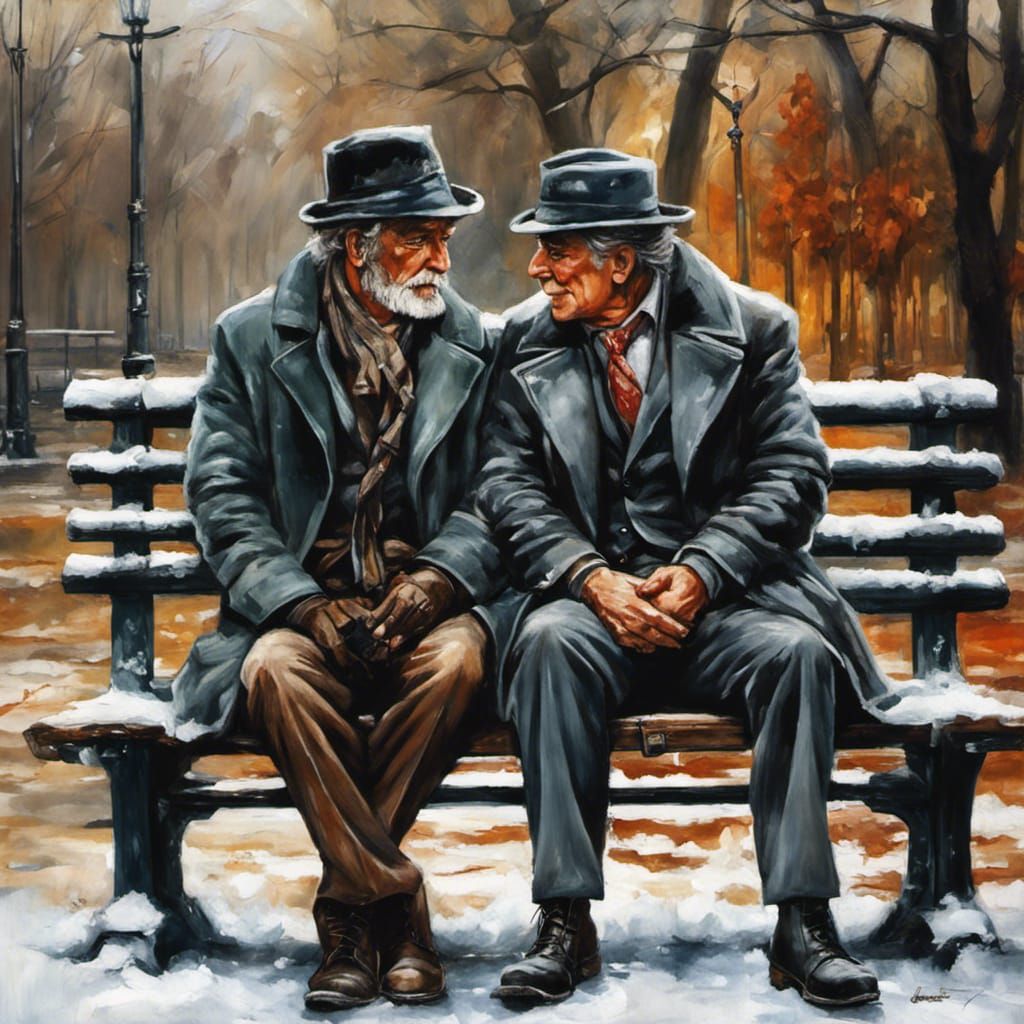 Old Friends on Park Bench in Winter, Graffiti Art Style