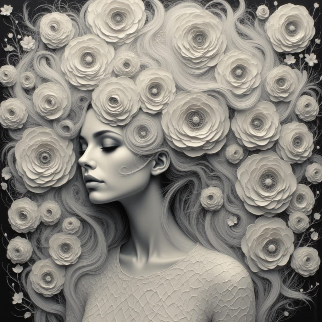 Woman with White Hair and Roses in Scratch Art Style