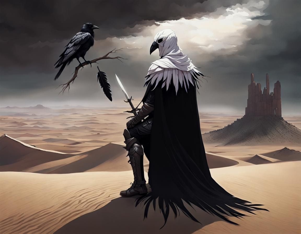 Knight with Crow Mask in Vast Desert