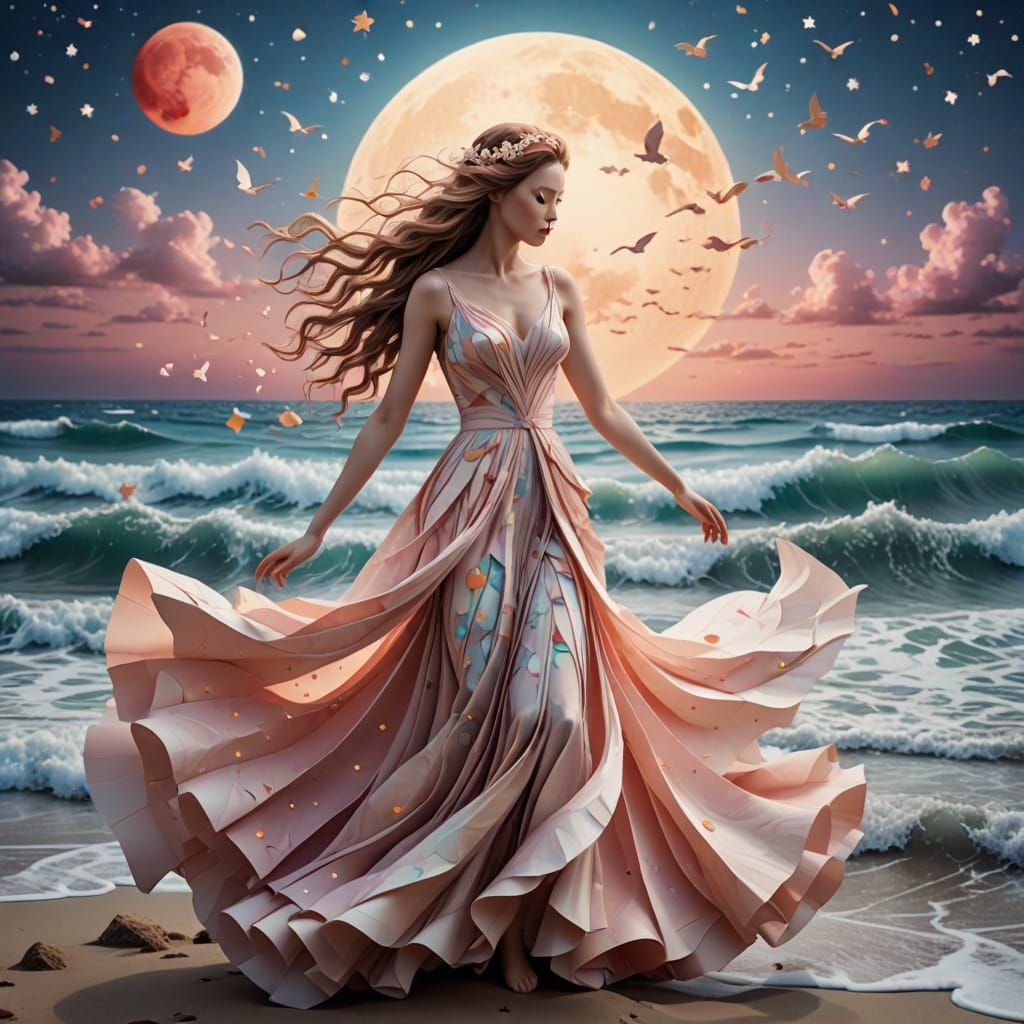 Goddess in Radiant Rose Gown with Golden Waves and Rainbow