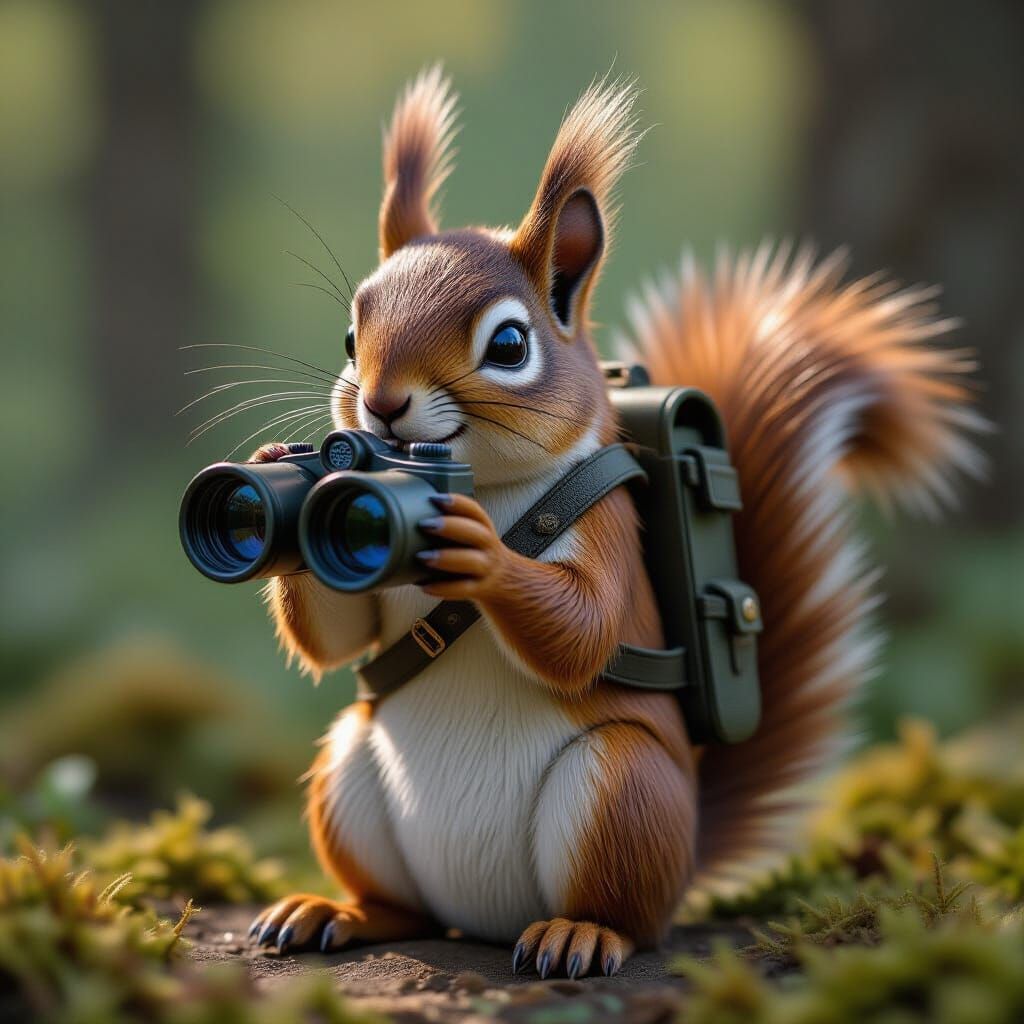 Squirrel Miniature with Binoculars in Detailed Matte Paintin...