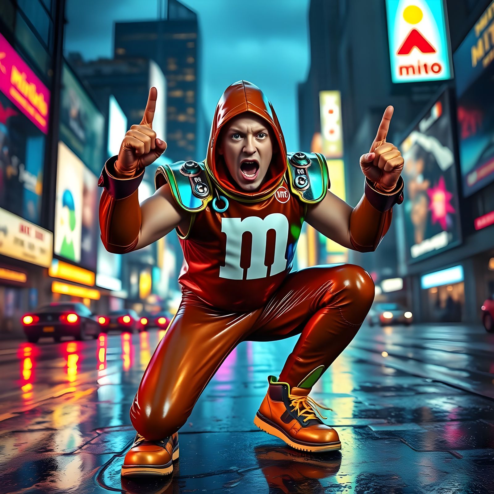Rapper Eminem as a Vibrant M&M Character in a Futuristic Cit...