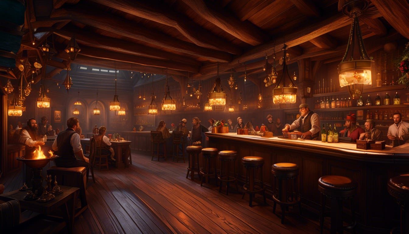 Fantasy Tavern Scene with Orcs, Elves and Humans