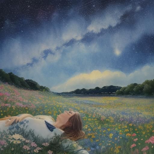 Dreamy Floral Scene Under Starry Night Sky