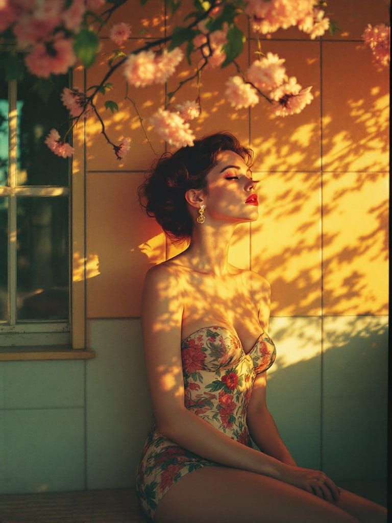 Vintage Pin-Up Garden Fusion in 1970s Analog Film Style