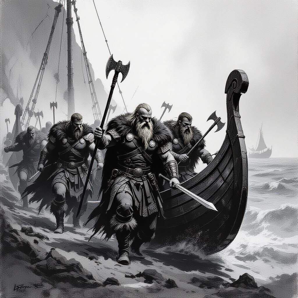 Viking Warriors Landing: Gritty Black and White Sketch