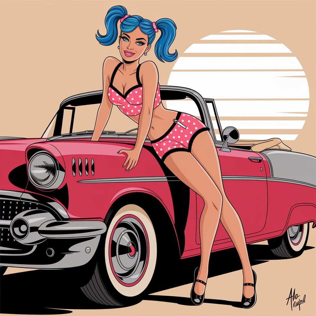 Woman with Red Car in Digital Art Style
