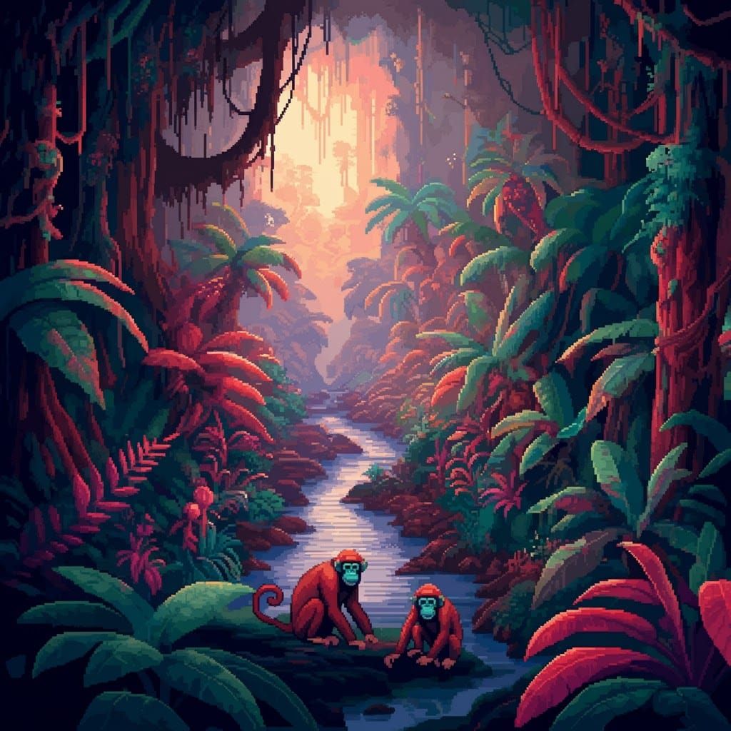 Trippy Monkeys in Jungle, 8-bit Pixel Art
