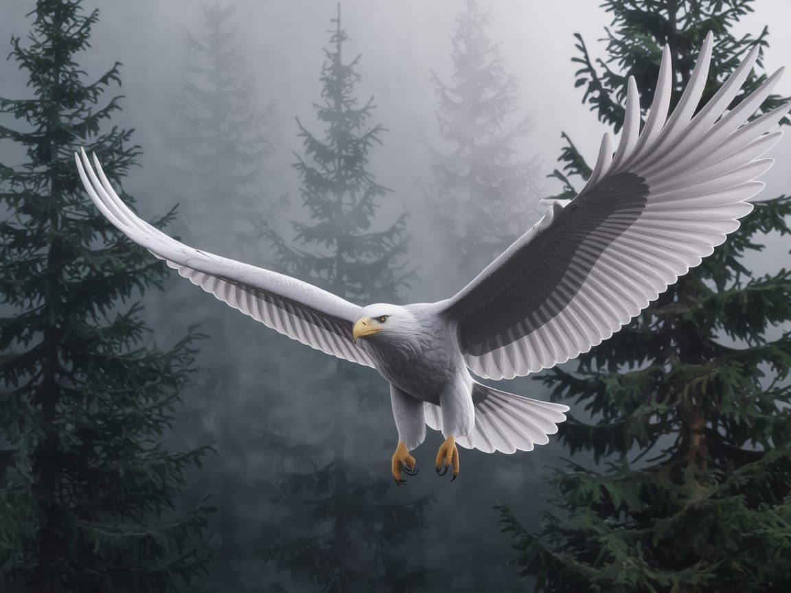 Majestic White Eagle in Ethereal Forest