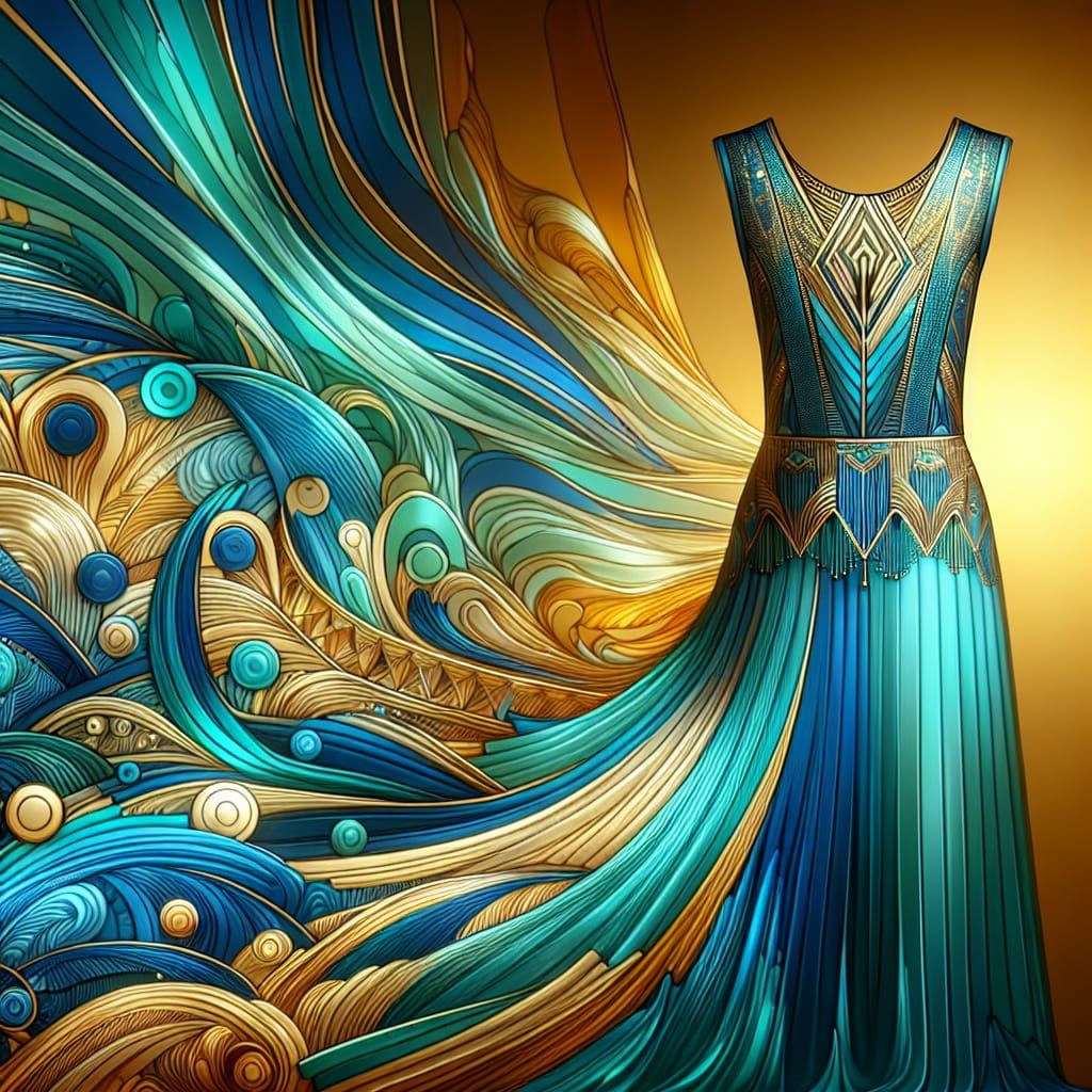 Art Deco Dress with Flowing Blue and Turquoise Hues