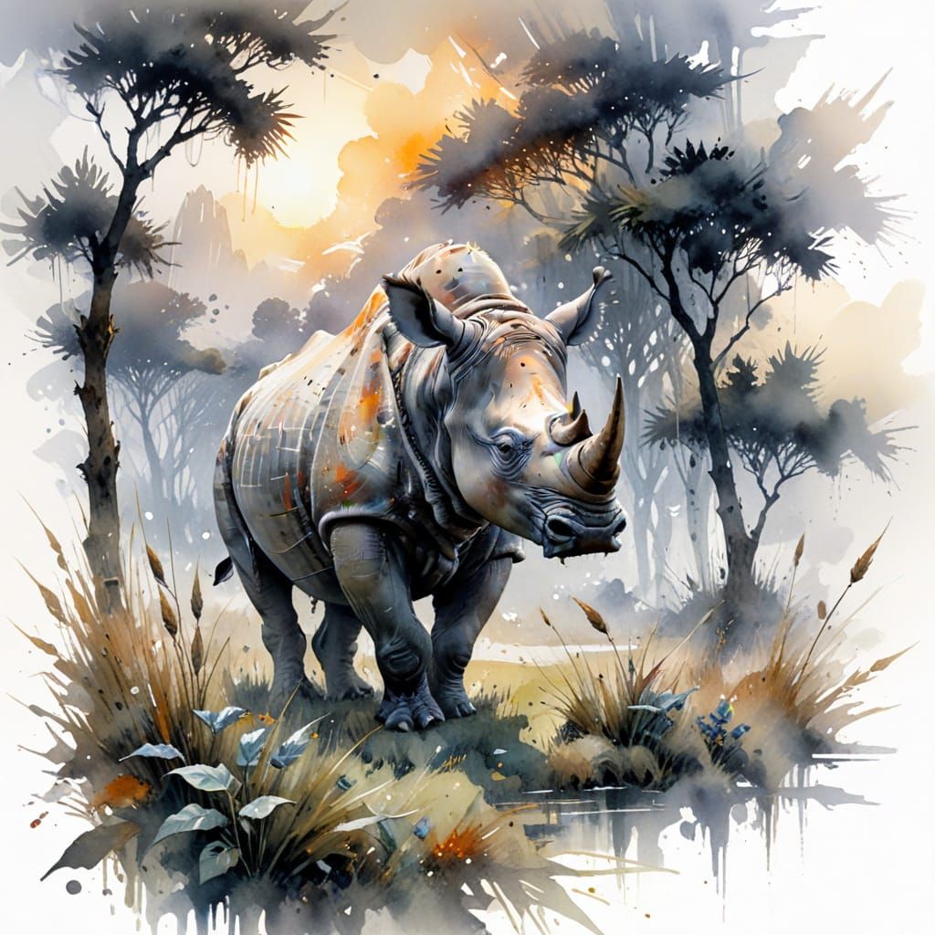 Indian Rhinoceros in Misty Dawn Grassland
