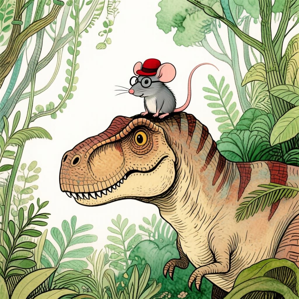 Whimsical T-Rex with Tiny Mouse Friend, Children's Book Styl...