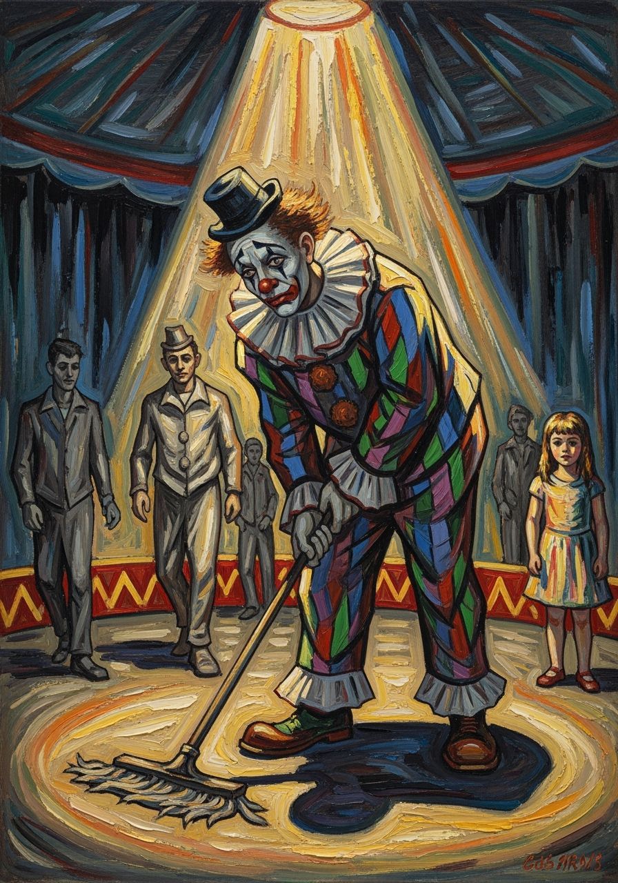 Expressionist Clown Mopping Floor in Circus Tent