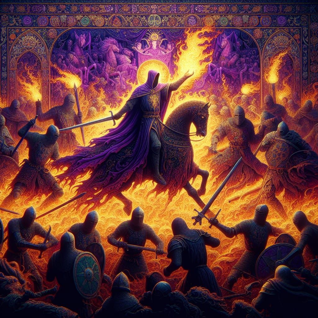 Medieval Tapestry of Knights in Fiery Battle