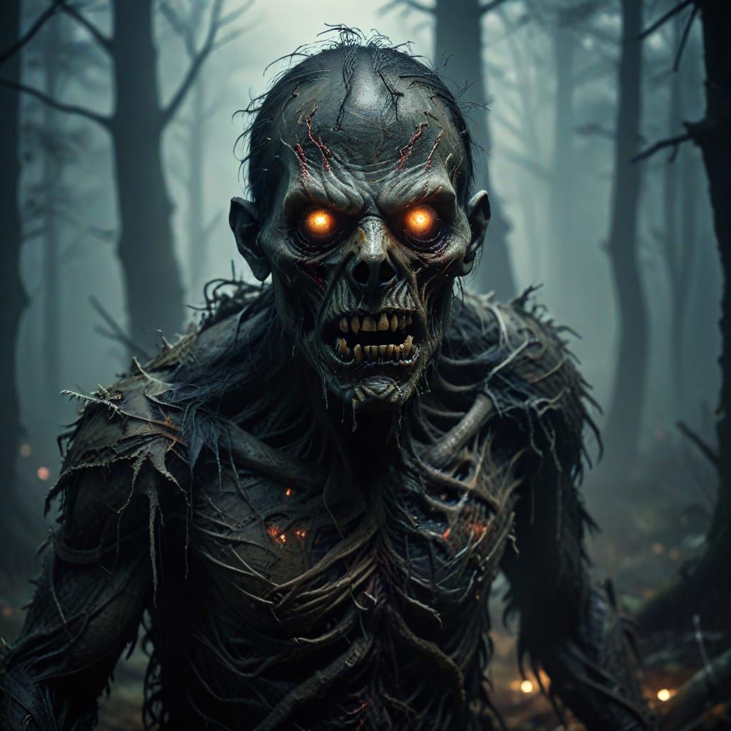 Zombie Monster Roaming Dark Forest: Horror Concept Art