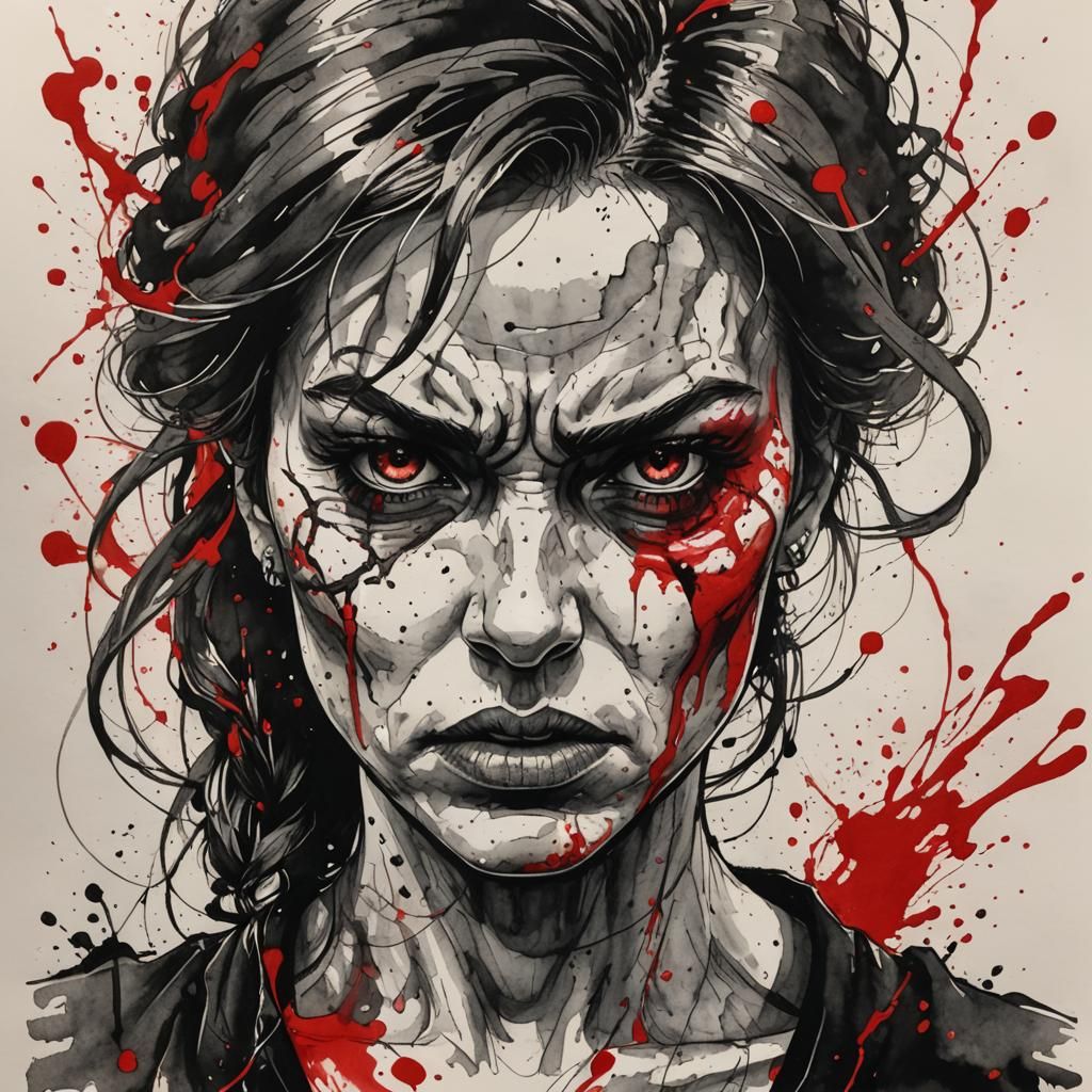Angry Woman: Detailed Ink Sketch with Red Splash