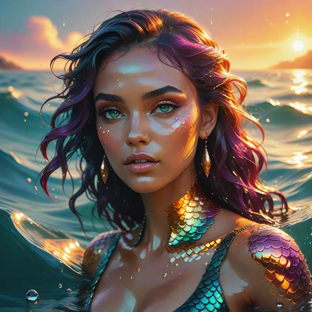 Sensual Mermaid Emerges from Sunset Ocean in Dreamy, Iridesc...