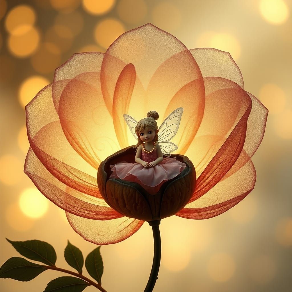 Thumbelina in Walnut Shell, Transparent Flower Silhouette