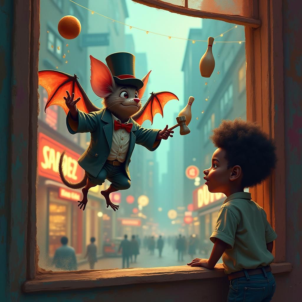 Bewildered Bat Juggler in Dreamlike Cityscape