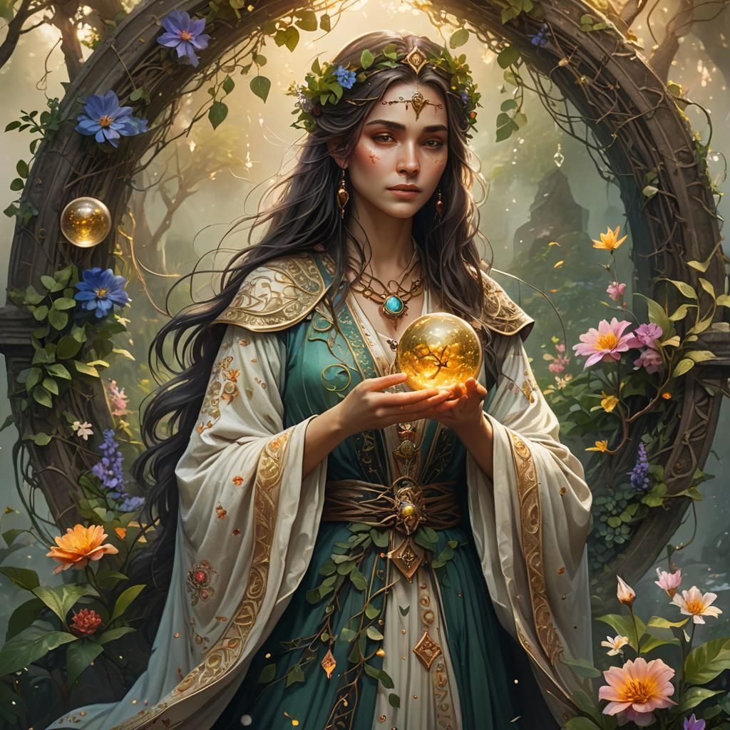 Gentle Sorceress with Glowing Orb: Fantasy Concept Art