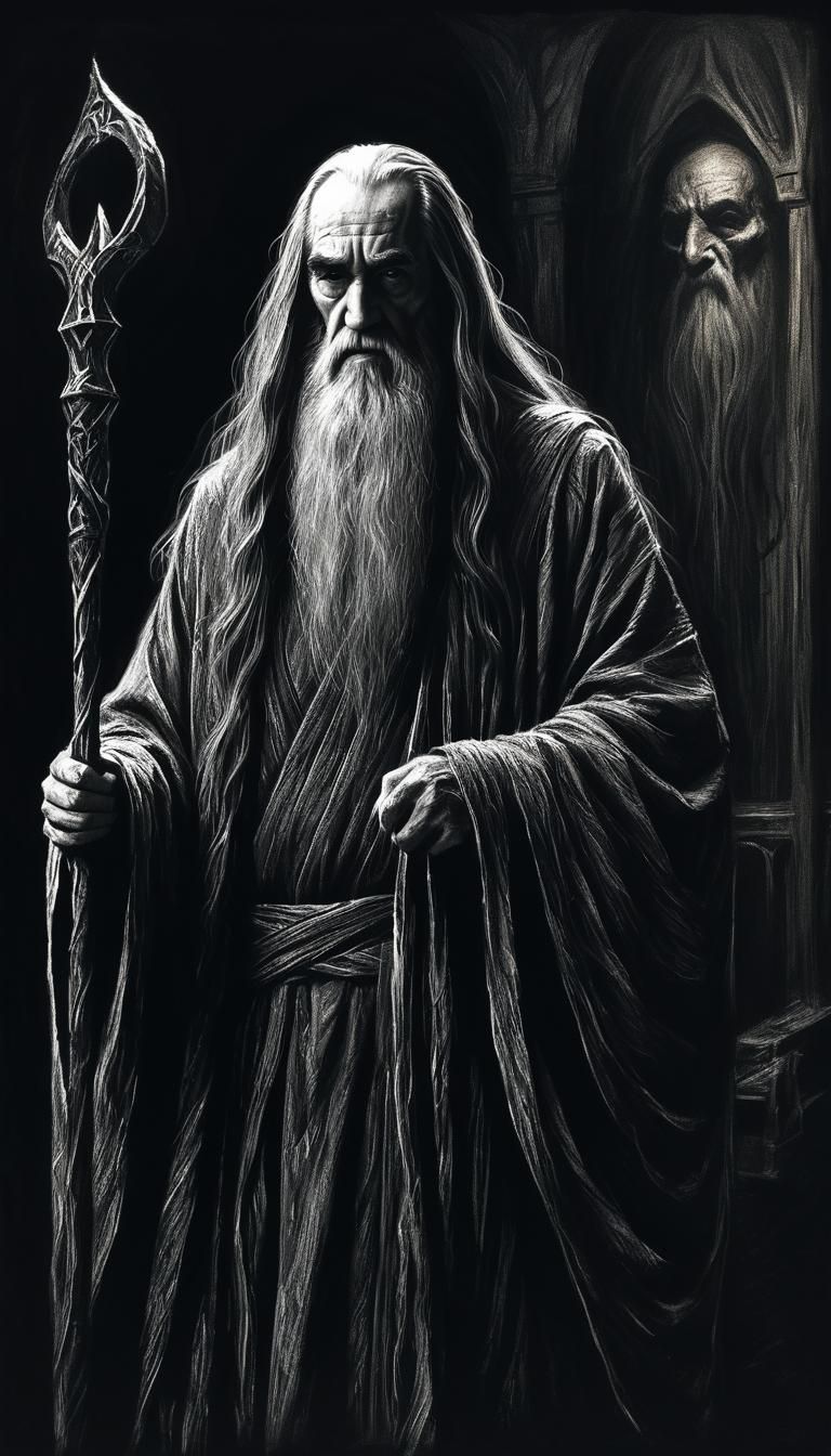 Dramatic Charcoal Drawing of Saruman in Dark Chamber