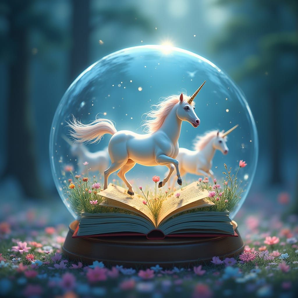 Magical Snow Globe with Unicorns and Books