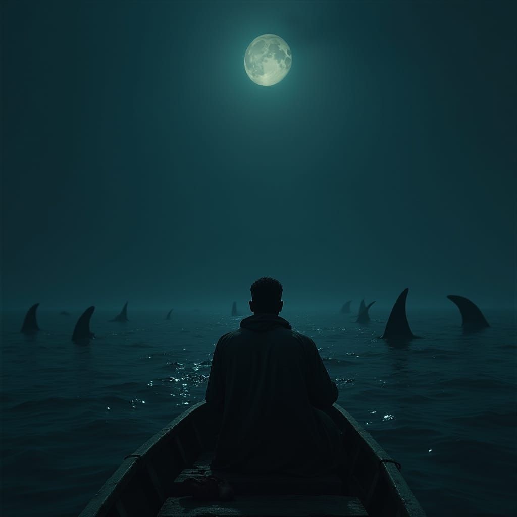 Lost Sailor Confronts Shark Infested Night Sea