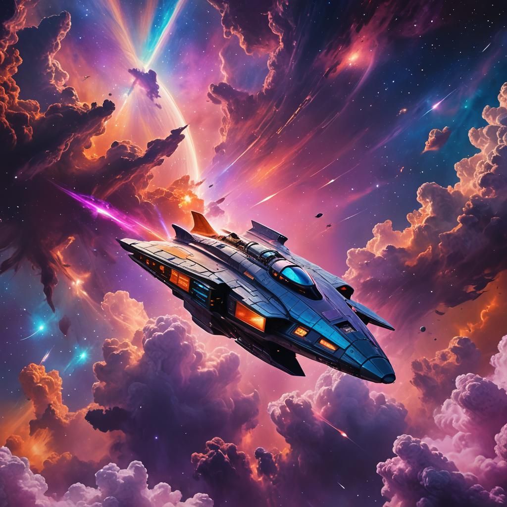 Spaceship Soaring Through Surreal Nebula in Sci-Fi Landscape
