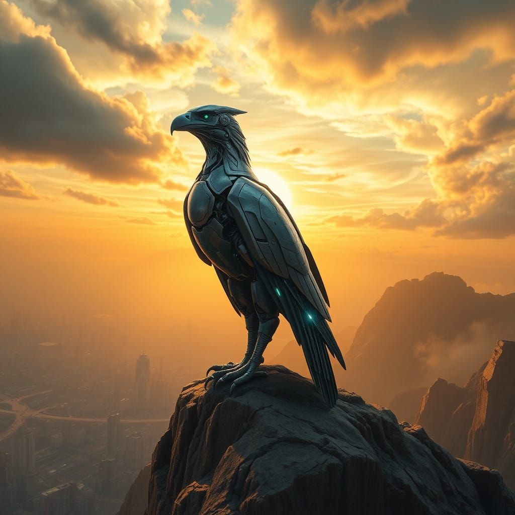 Majestic Robot Hawk Dominates Dystopian Cityscape in Cyberpu...