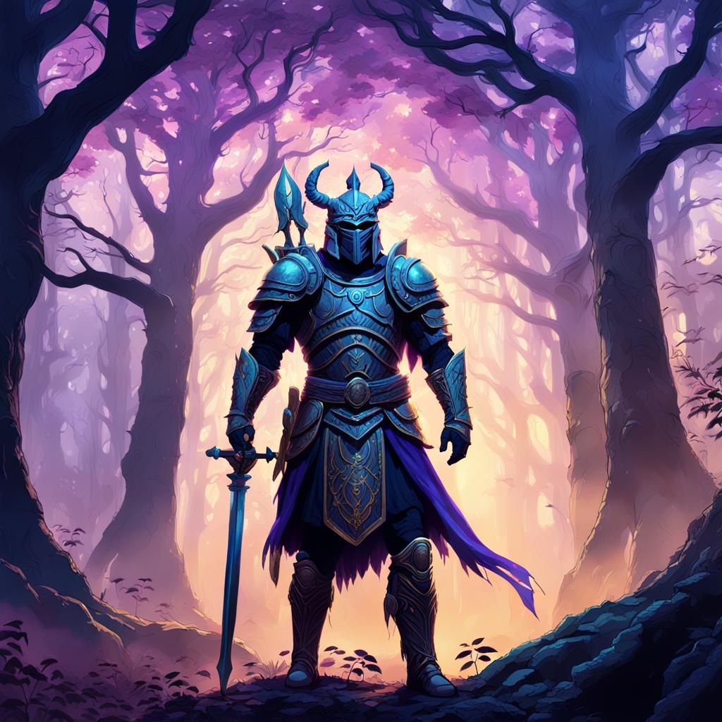 Regal Warrior in Mystical Forest, Art Nouveau Style