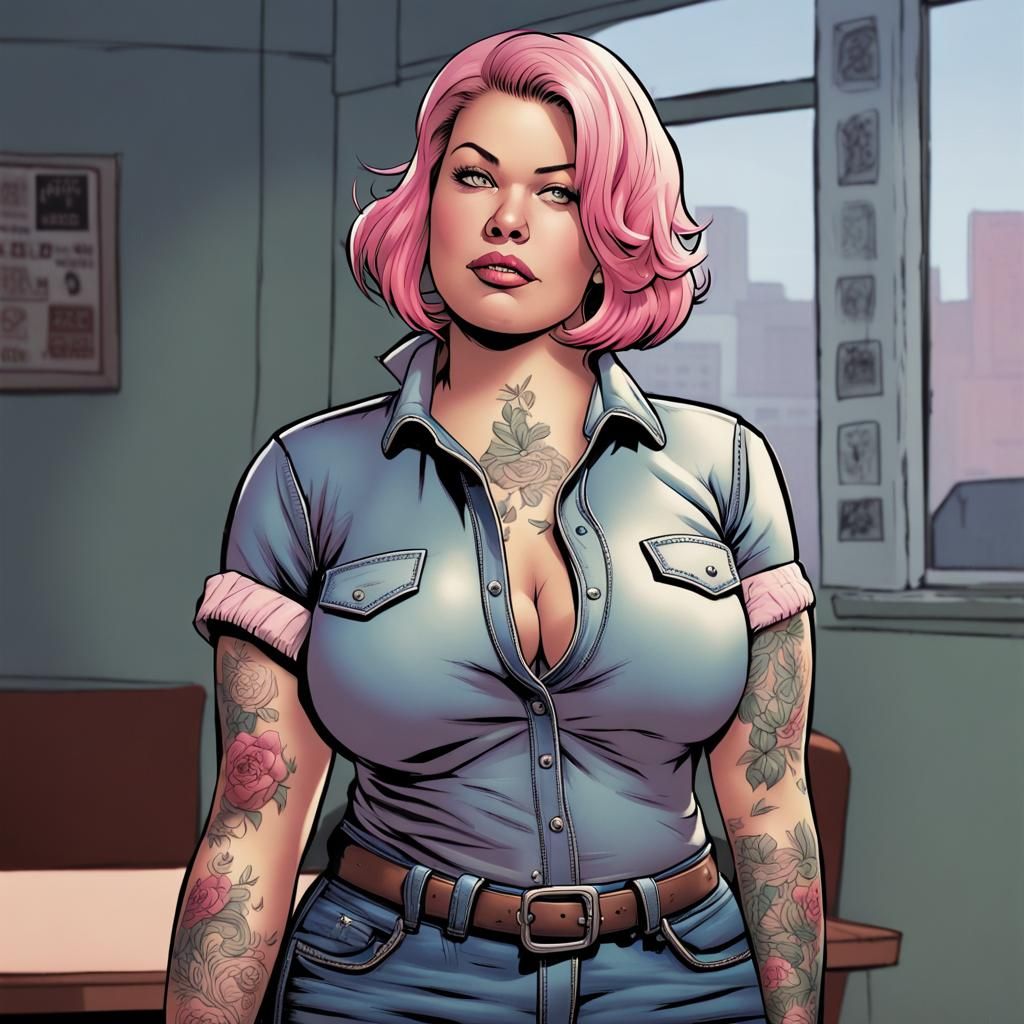 Comic Book Style Portrait of Woman with Tattoos
