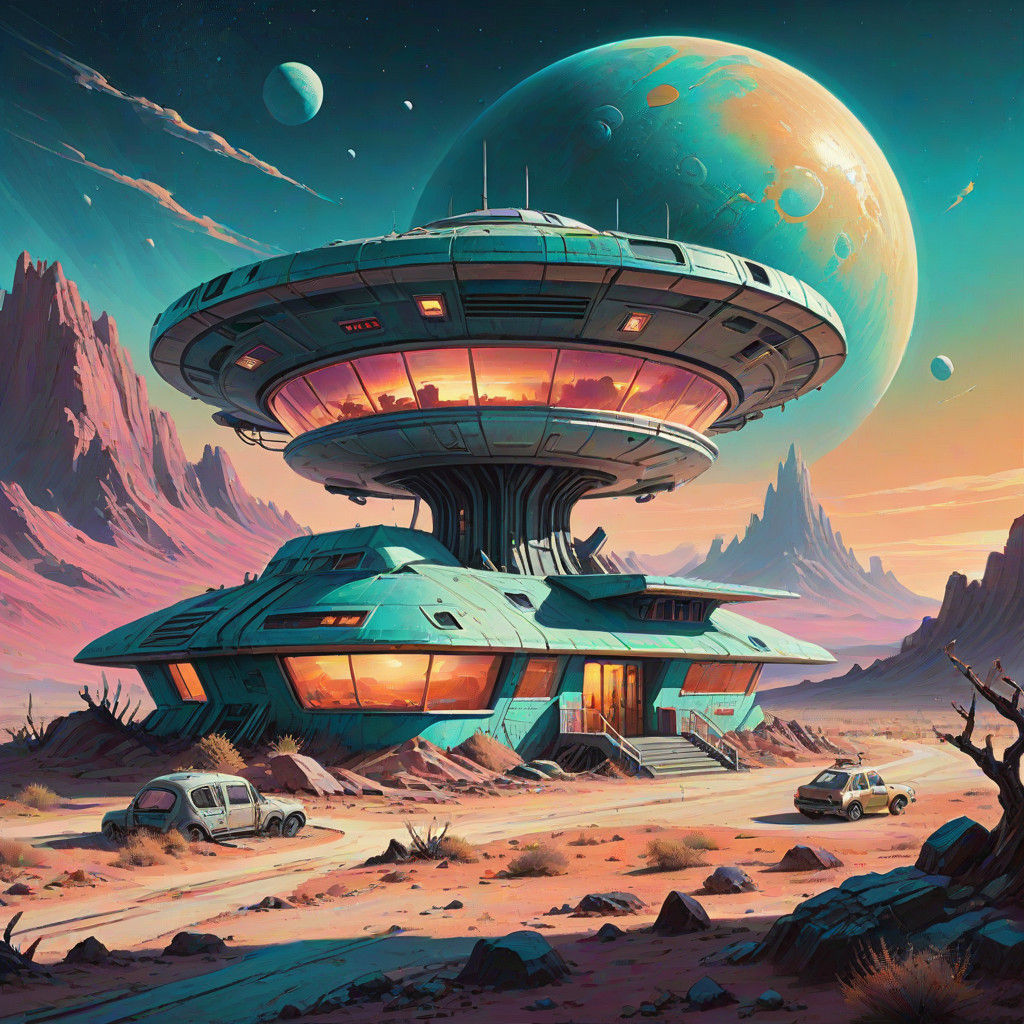 Retro-Futuristic Oasis on a Distant Exoplanet in Vibrant Oil...