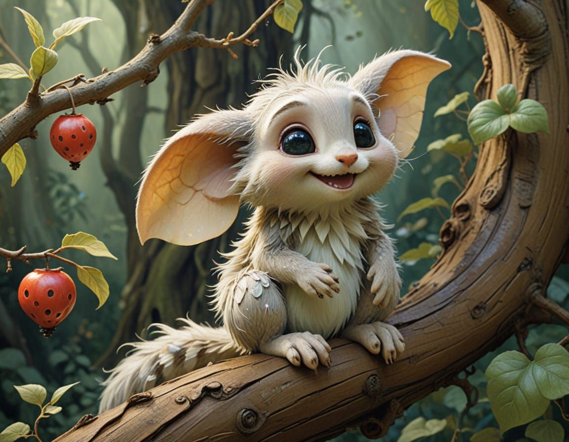 Whimsical Woodland Creature Sits on Tree Branch