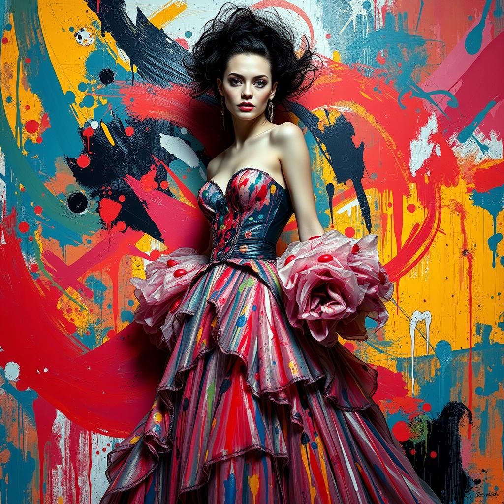 Paint-Splattered Gown: Avant-Garde Fashion in Abstract Style