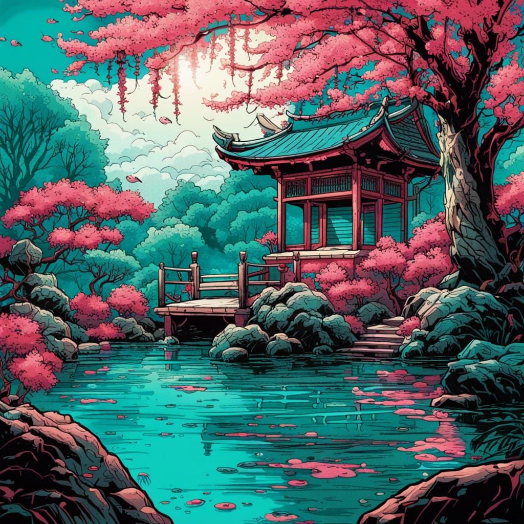 Turquoise Koi Pond with Cherry Blossoms