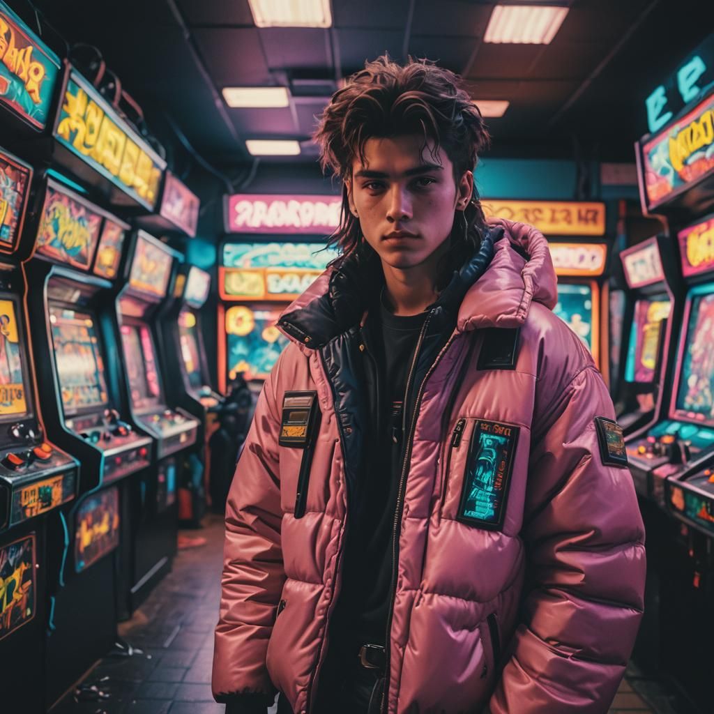 Teenager in Cyberpunk Arcade with Puffy Jacket
