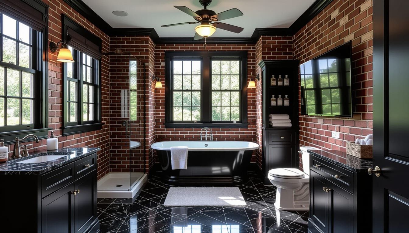 Vibrant Victorian Bathroom with Marble and Brick Wallpaper