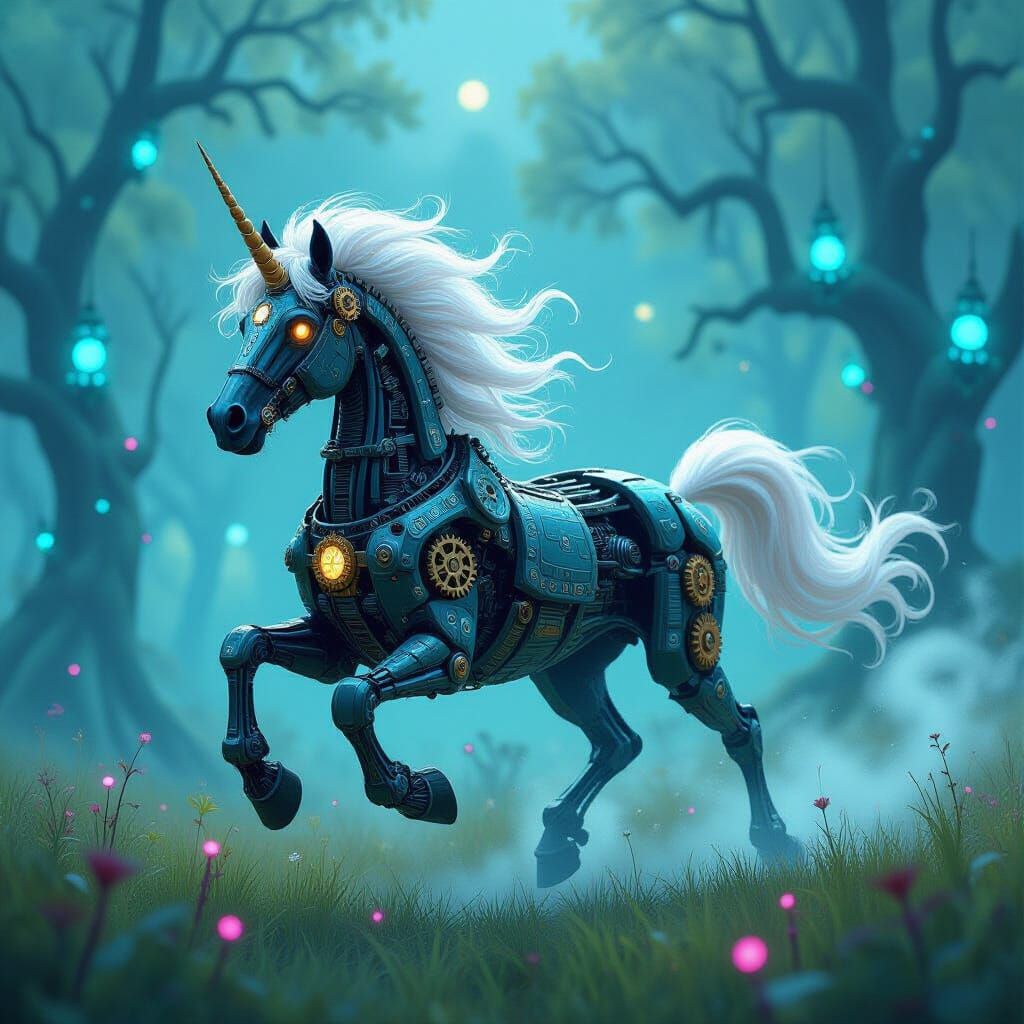 Splash art. A whimsical zombie horse made of clockwork gears...