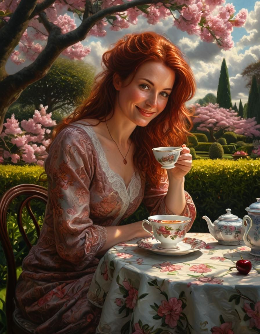 Auburn Beauty in Garden: Chiaroscuro Oil Painting