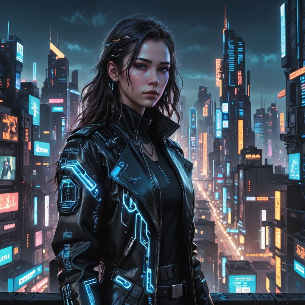 Cyberpunk Woman in Cityscape at Dusk