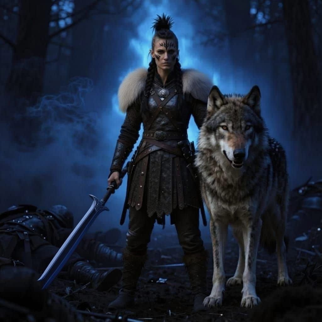 Viking Warrior with Dire Wolf, Forest Background