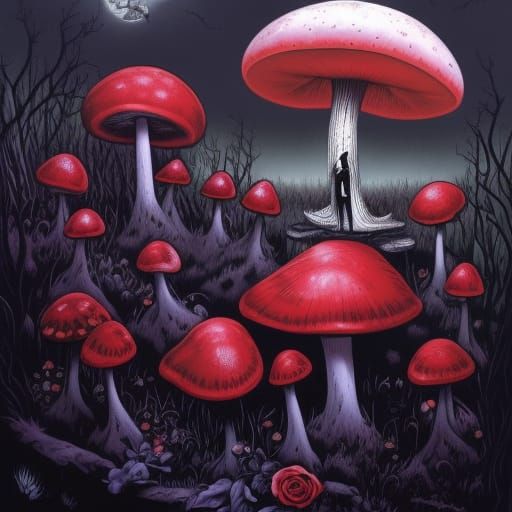 Gothic Victorian Garden with Giant Crimson Mushrooms